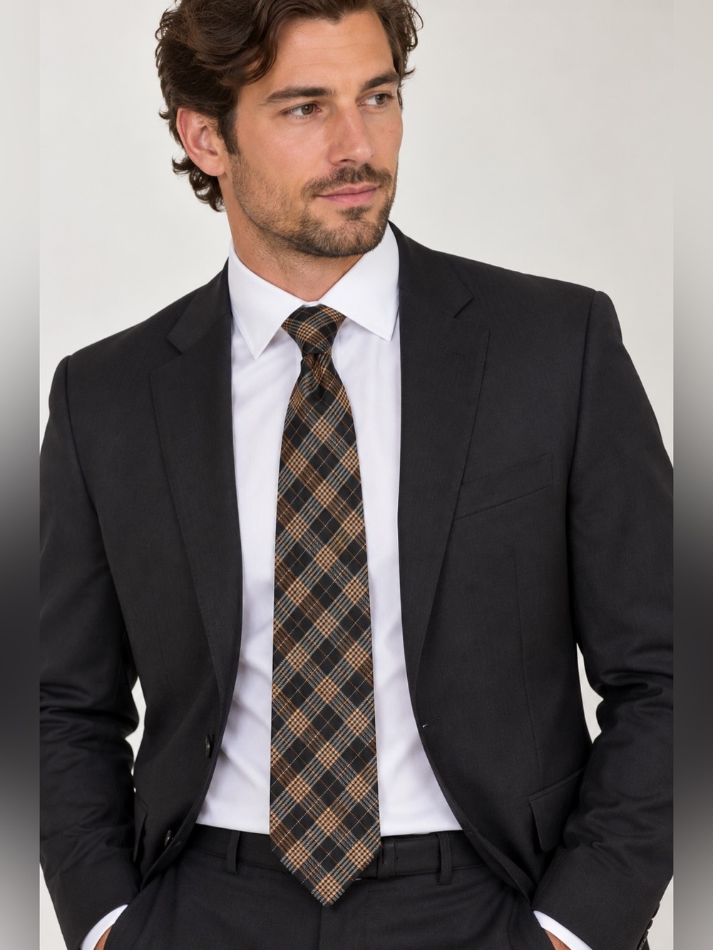 Pierre Cardin Platinum Men’s Black Brown Plaid Necktie Classic Dress Tie